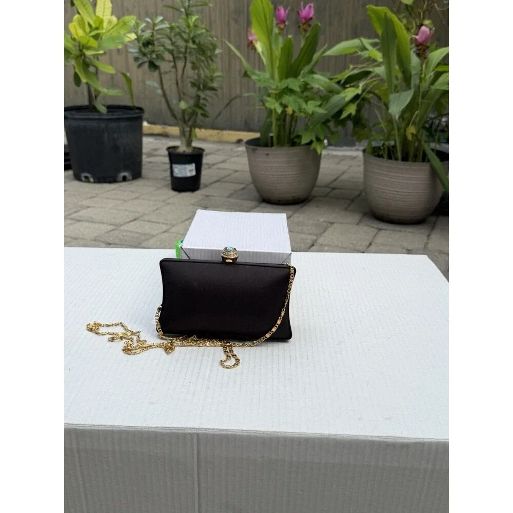 Vintage Carlo Pellini Black Satin Evening Clutch Purse Gold Chain Rhinestone